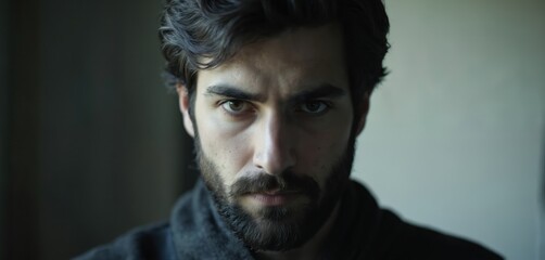 Fototapeta premium Close-up portrait of young adult man with rugged beard, intense, serious expression. Dark hair frames face. Dramatic lighting masculine features, direct gaze, suitable for fashion grooming themes.