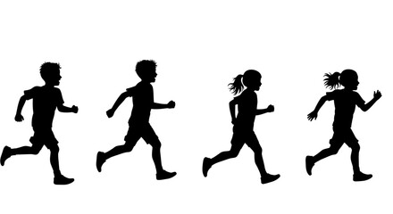 Children Running Silhouette Isolated on White Background