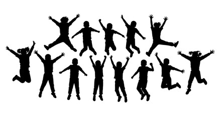 Group of Children Jumping with Joy in Black Silhouette