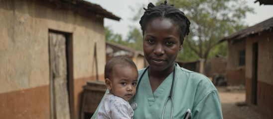 Nurse holds baby in impoverished African village clinic. Medical assistant provides healthcare, humanitarian aid, compassion in rural community. Nurturing, warm service for children, remote