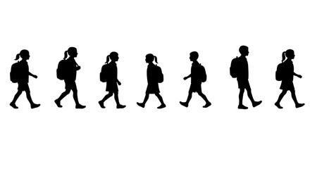 Silhouette of Students Walking with Backpacks on White Background silhouette
