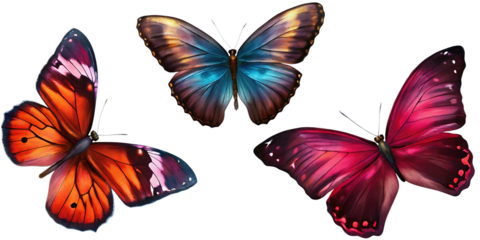 three colorful butterflies isolated on white background, png, ai generated.