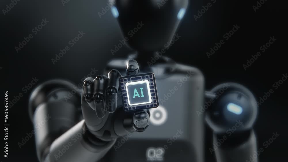 Poster visualization of high-tech humanoid robot holding computer microchip for data information processing