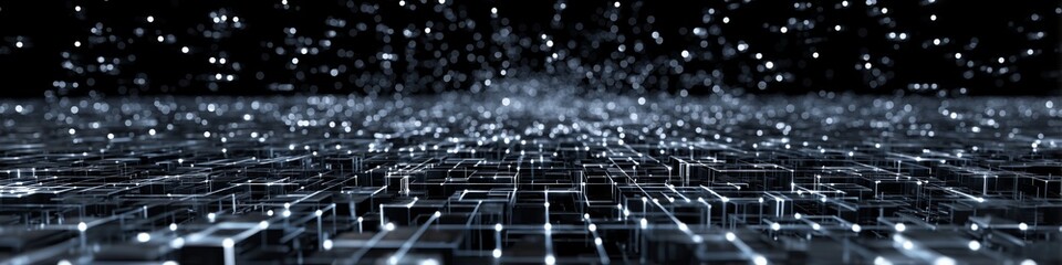 Fototapeta premium elongated digital horizon with connected blocks and network nodes layout