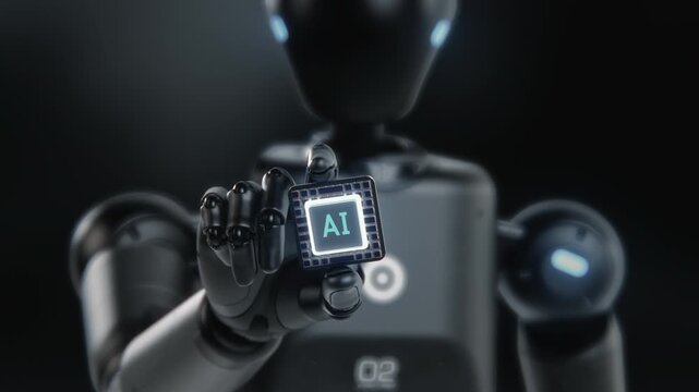 Visualization of High-Tech Humanoid Robot Holding Computer Microchip for Data Information Processing. Motherboard CPU Processor with AI Symbol. Futuristic Artificial Intelligence Technology Concept.