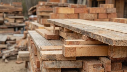 Reclaimed wood planks, bricks carefully stacked for reuse. Sustainable construction materials prepared for renovation projects. Emphasizes resourcefulness, eco-friendly building practices on job site.