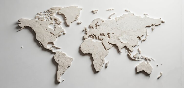 Detailed world map illustration crafted from clay, featuring continents, countries with distinct borders. Three-dimensional cartography resembles vintage, hand-drawn atlas, ideal for education,