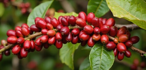 Vibrant red Arabica coffee cherries ripen on branch, showcasing rich green leaves in Ethiopia. Berries represent start of coffee harvest, signifying growth and potential for quality beverages.