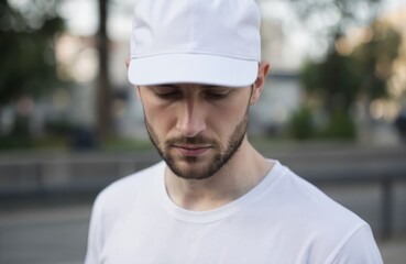 Caucasian man in white t-shirt and plain cap. Front view close-up portrait of young adult male with beard. Blank baseball cap mockup for advertising custom print, logo design on headwear.