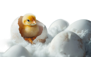 Baby chick hatching from an egg as a symbolic representation of spring renewal and new life isolated on transparent background PNG