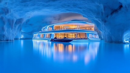 Luxurious boat in a cave-like underwater structure