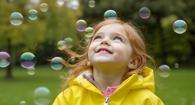 Amazed young girl with red hair watching floating soap bubbles