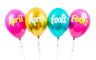 Colorful balloons with playful April Fools messages written on them capturing the spirit of humor and surprise isolated on transparent background PNG