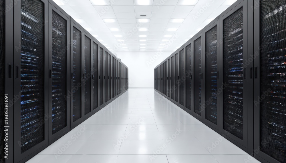 Poster empty data center hallway with rows of black server racks. perspective creates sense of depth, leadi