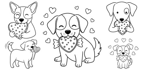 Obraz premium Adorable Dogs with Heart Treats – Hand-Drawn Black and White Vector Outline Illustrations Set of 4 Designs on Clean White Background (1)