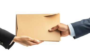 Business hands exchanging financial report and official documents in a corporate banking environment isolated on transparent background PNG