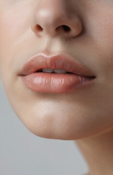 Close-up of woman natural lips, philtrum area. Features smooth skin texture, subtle lip gloss. Natural beauty, skincare focus, makeup artistry. Perfect for cosmetic ads, beauty blogs, health content.