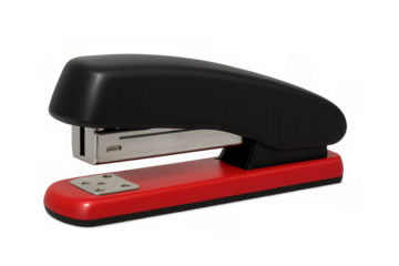Red-based office stapler with black top, positioned for fastening paperwork against clear backdrop