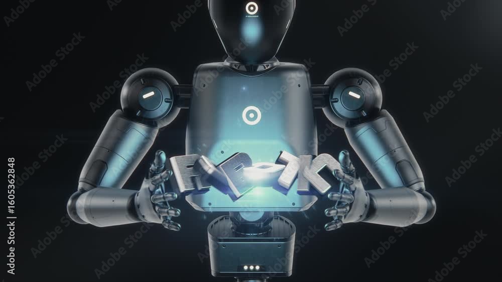 Poster visualization of high-tech humanoid robot showing popping up robotic inscription in digital cyberspa