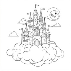 Fototapeta premium Whimsical Fairytale Castle on Clouds with Smiling Sun – Coloring Book Illustration