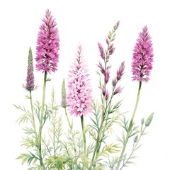 Naklejka premium Watercolor illustration of Liatris spicata flowers in shades of pink, violet. Known as dense blazing star prairie feather, tall plants feature intricate blooms on white background. Vibrant floral