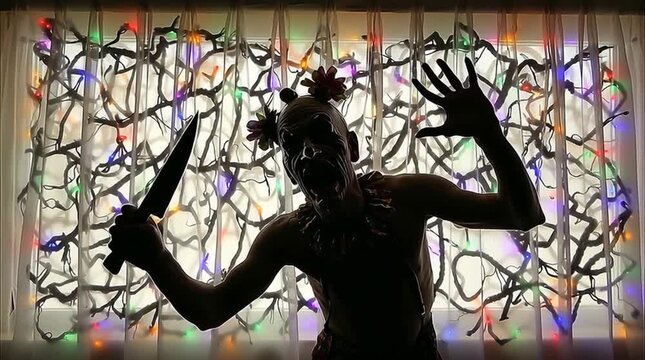A halloween window projection killer clown with knife, at the window - circus freak projection. A haunted house or projected video - scary circus figure behind, clawing and scratching at the glass