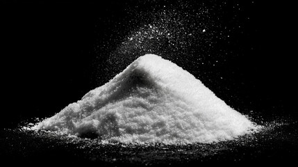 sucre en poudre raffiné (sucre de betterave) sur fond noir, gros plan, photographie culinaire et gastronomique