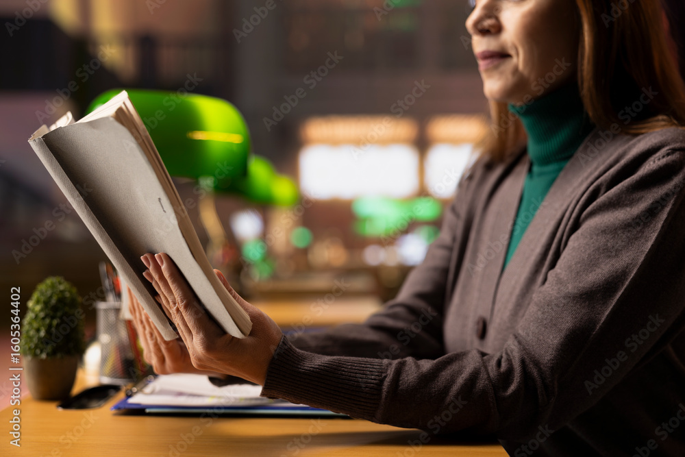 Poster college student preparing for an academic lecture with specialty books, studying a book and gatherin