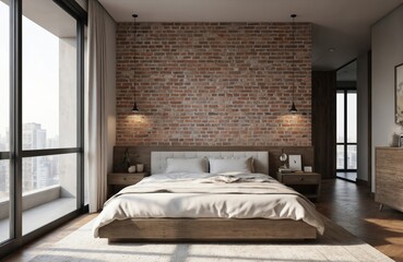 Modern bedroom design features exposed brick wall, large windows, wood accents. Comfortable bed with white bedding, bedside tables with lamps create cozy, airy loft atmosphere. Neutral tones,