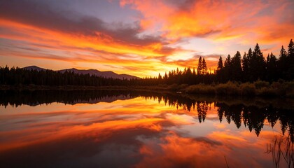 Fototapeta premium Fiery sunset reflecting on tranquil lake