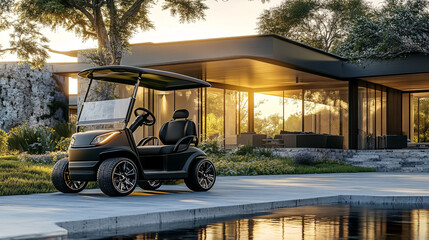 A modern electric golf cart with advanced features parked next to a clubhouse.