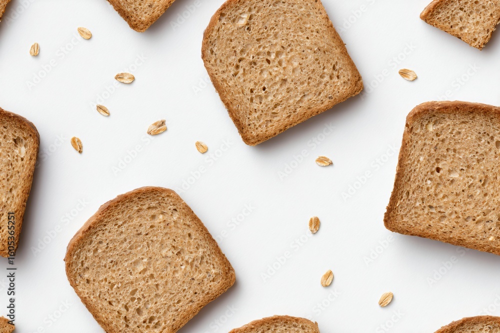 Poster whole grain bread slices with oat flakes arranged in a seamless pattern. healthy food background for