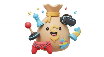 Naklejka premium Cartoon money bag with gaming accessories illustration