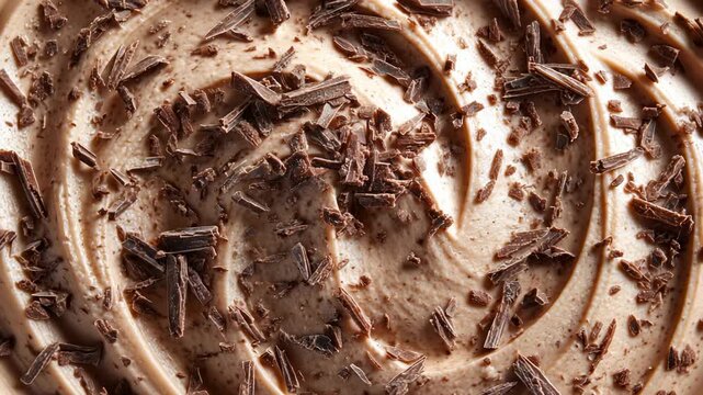 Creamy chocolate swirl with dark chocolate shavings, close-up dessert texture background for sweets