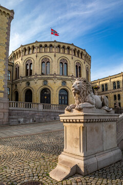 Stortinget Parliament Building with Lion Statue in Oslo, Norway