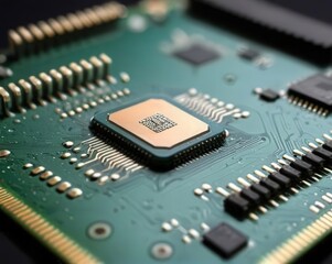 Close-up of a microprocessor on a green circuit board showcasing intricate electronic connections and components in a modern technology setting
