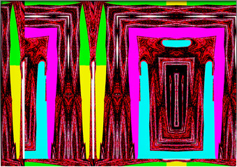 Symmetrical geometric abstraction in vivid reds, pinks, and blues Vibrant shapes converge into a mesmerizing pattern, interlaced with dynamic lines. 