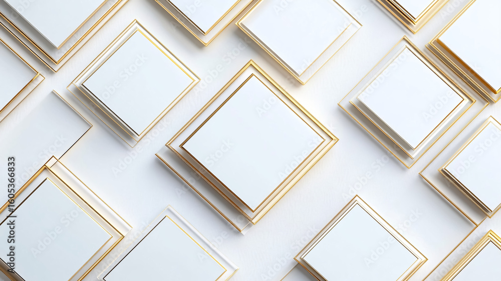 Poster a modern design featuring a square pattern in gold and light grey overlaps, casting shadows against 