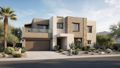 Modern desert house exterior on sunny day. Features stone accents, large garage, drought-tolerant landscaping with palm trees, cacti. Architectural rendering of luxury residence, ideal for real