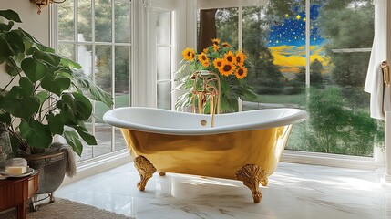 Luxurious gold bathtub in a sunlit bathroom with a starry night view