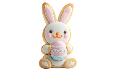 Obraz premium Adorable bunny-shaped cookie holding a pastel Easter egg decorated with detailed colorful icing isolated on transparent background PNG