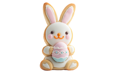 Adorable bunny-shaped cookie holding a pastel Easter egg decorated with detailed colorful icing isolated on transparent background PNG