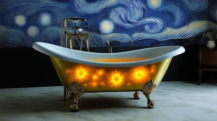 Luxurious gold bathtub with glowing suns in a starry night room