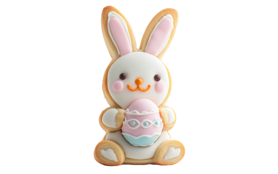Adorable bunny-shaped cookie holding a pastel Easter egg decorated with detailed colorful icing isolated on transparent background PNG