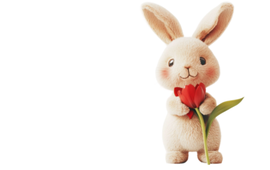 Cute bunny holding a tulip with a soft smile and bow tie conveying springtime charm and sweetness isolated on transparent background PNG