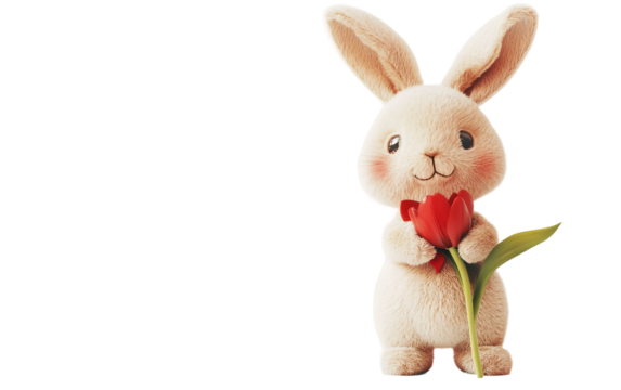 Cute bunny holding a tulip with a soft smile and bow tie conveying springtime charm and sweetness isolated on transparent background PNG