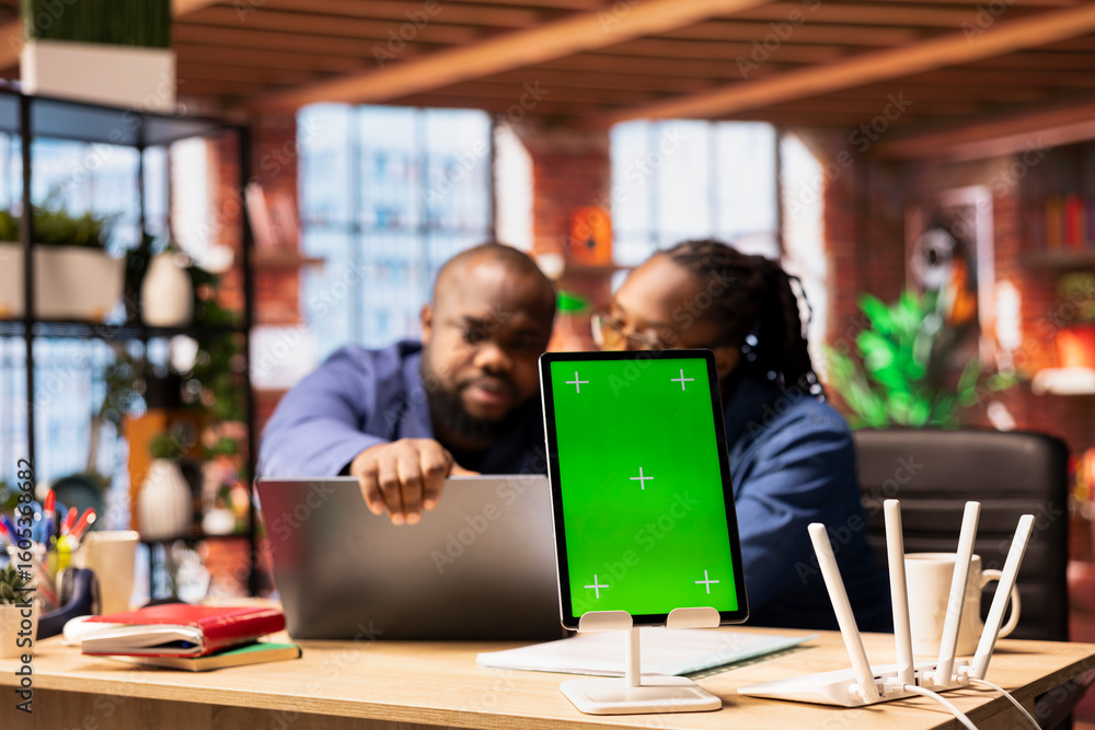Poster african american couple work as a team to fix their wi-fi setup next to copy space, troubleshooting 