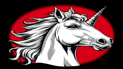 White unicorn head profile, red background