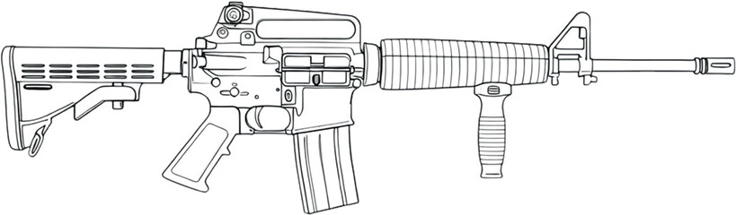 M4 Carbine Rifle Illustration Set – Realistic, Silhouette & Technical Blueprint | Military Gun Side Profile Art

