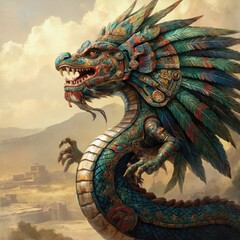 Fototapeta premium Majestic feathered serpent god, Quetzalcoatl, rendered in intricate Aztec Mayan architectural style. Mythical creature, adorned with vibrant feathers, gold accents, stands against backdrop of ancient